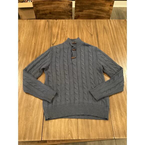 Carven heavy Cable knit cotton blue toggle button pullover Mockneck sweater - Picture 1 of 11